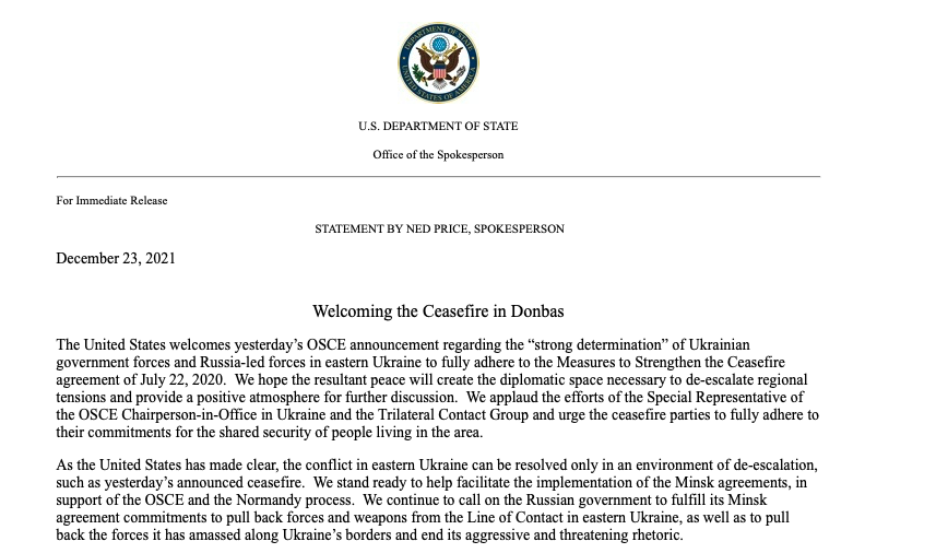 The US welcomes the @OSCE  announcement regarding the strong determination of Ukraine forces and Russia-led forces in Donbas to fully adhere to July 2020 agreement, says @StateDeptSpox