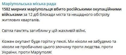 1582 residents of Mariupol were killed by the Russian army during 12 days of blockade of the city and shelling of residential areas, - Mariupol City Council