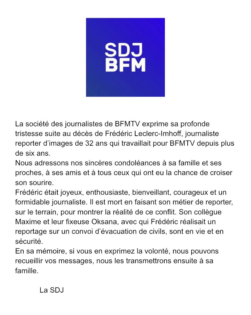 По данным BFMTV, другой их журналист, Максим Брандштеттер, был легко ранен, а местный ремонтник не пострадал. Оба теперь в безопасности, говорится в пресс-релизе издания.